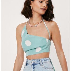NWT Nasty Gal Polka Dot Asymmetric Halter Crop Top SAGE GREEN COLOR Size US 6